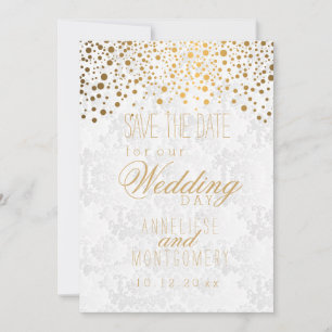 Stilvolle Gold Confetti Dots   Weiße Textur Save The Date