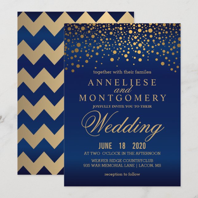 Stilvolle Gold Confetti Navy Blue Wedding Einladun Einladung (Vorne/Hinten)