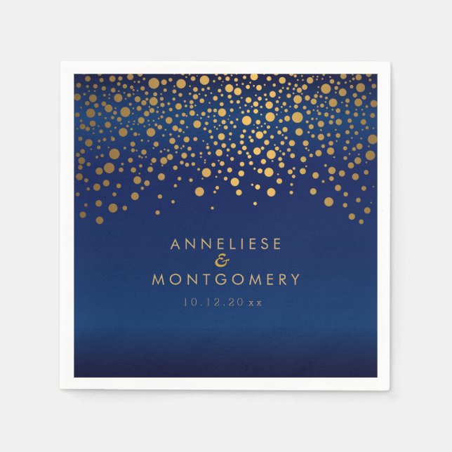 Stilvolle Gold Confetti Punkte auf Navy Blue Satin Serviette (Vorderseite)