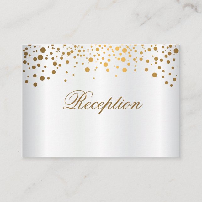 Stilvolle Gold Confetti Punkte auf weißem Satin Begleitkarte (Vorderseite)