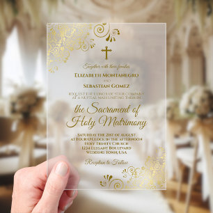 Stilvolle Gold Curls Moderne katholische Hochzeit Acryleinladungen