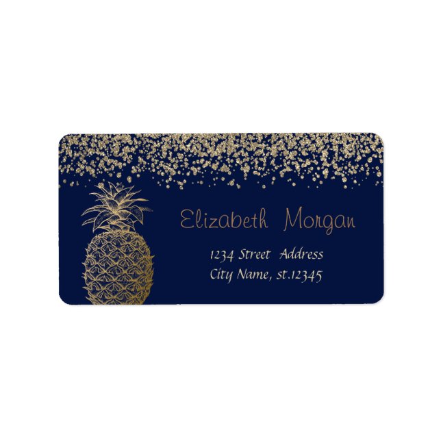 Stilvolle Gold Diamonds Gold Ananas Navy Blue Adressaufkleber (Vorne)