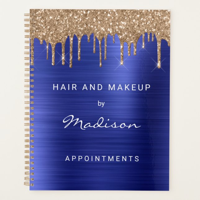 Stilvolle Gold Glitter Drip Blue Termine Planer (Vorderseite)