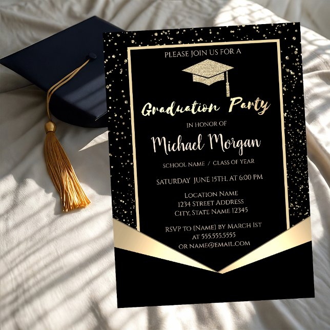 Stilvolle Gold Glitzer Graduation Cap, Confetti Einladung (Von Creator hochgeladen)