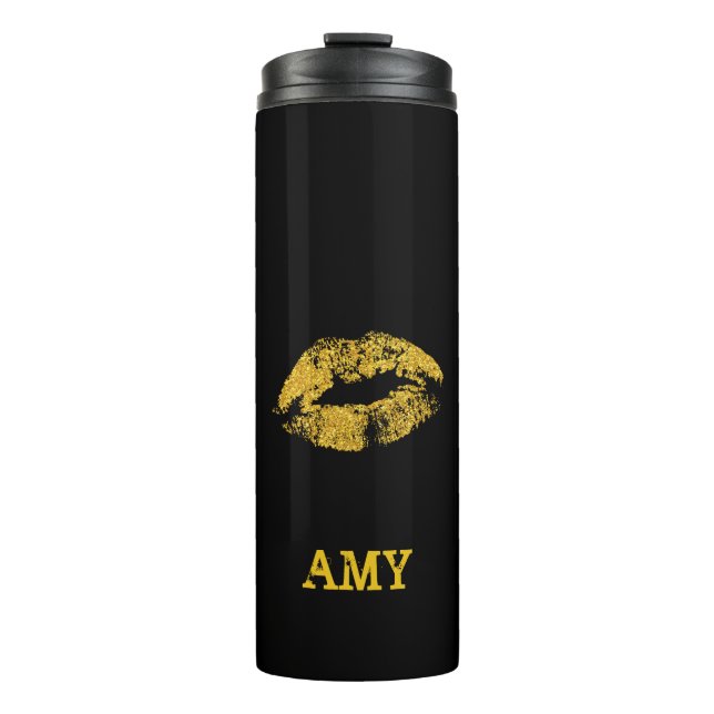 Stilvolle Gold Glitzer Lips Thermosbecher (Vorderseite)