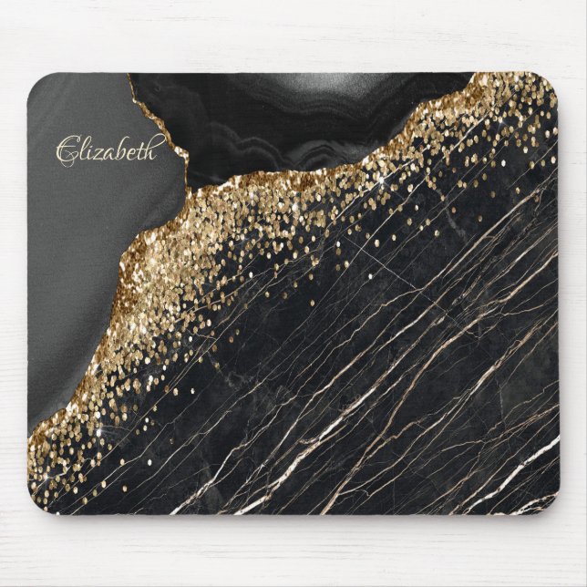Stilvolle Gold Glitzer Sequins Black Marble Mousepad (Vorne)