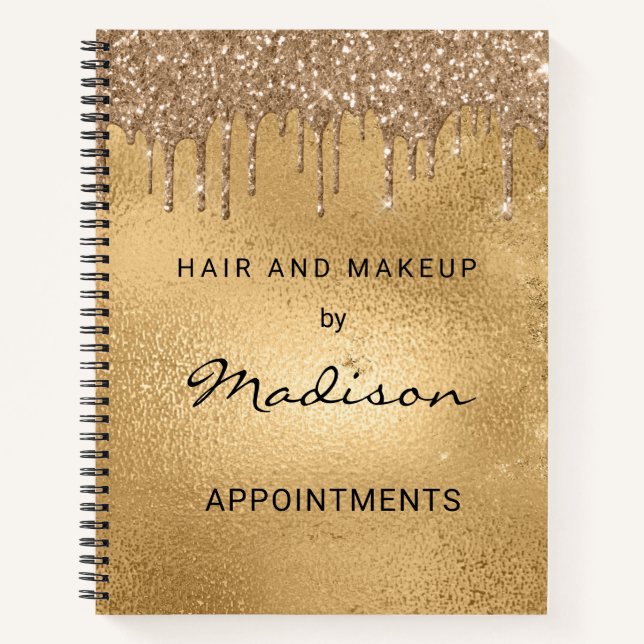 Stilvolle Gold Glitzer Tropfen Hair and Makeup Notizbuch (Vorderseite)