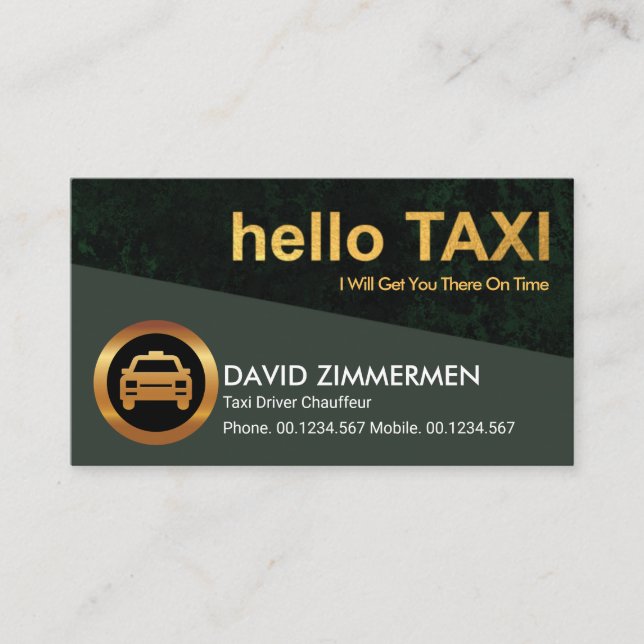 Stilvolle Gold "Hello Taxi" Green Grunge Taxi Fahr Visitenkarte (Vorderseite)