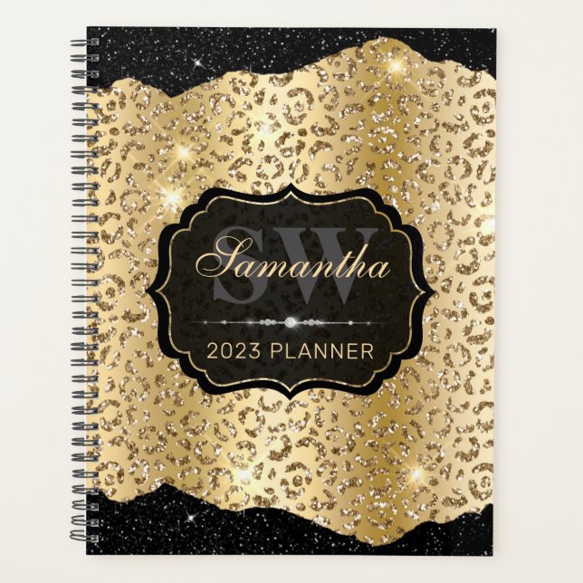 Stilvolle Gold Leopard Spot & Black Glitzer Monogr Planer (Vorderseite)