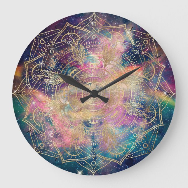 Stilvolle Gold Mandala Farbennebel Große Wanduhr (Vorderseite)