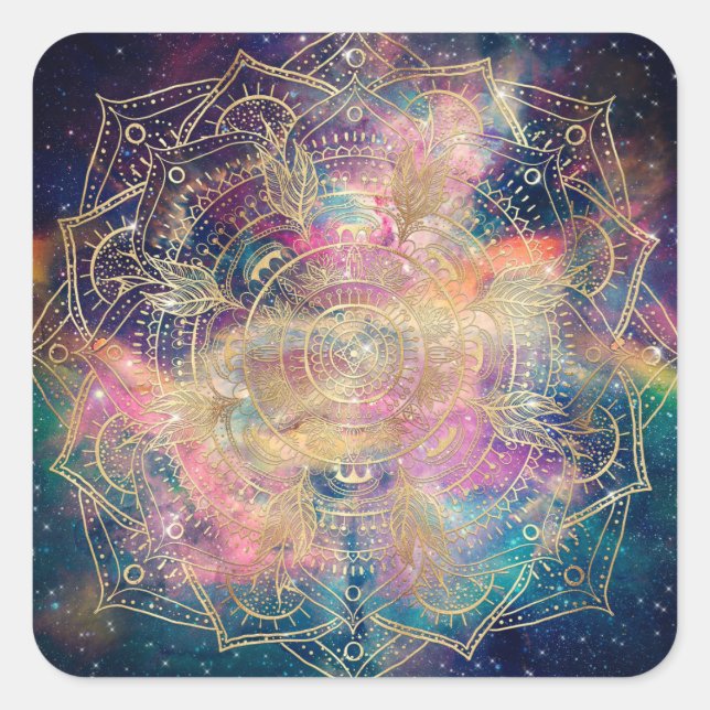 Stilvolle Gold Mandala Farbennebel Quadratischer Aufkleber (Vorderseite)