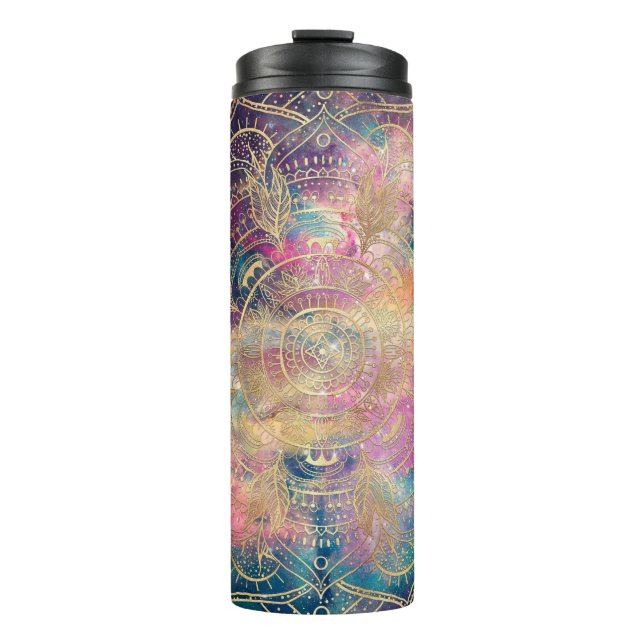 Stilvolle Gold Mandala Farbennebel Thermosbecher (Vorderseite)