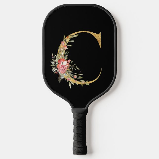 Stilvolle Gold Monogram C mit rosa Blume Pickleball Schläger (Vorderseite)