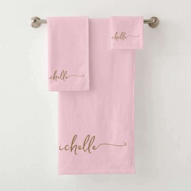 Stilvolle Gold Monogram Name Script Rosa Rosa Badhandtuch Set (Insitu)