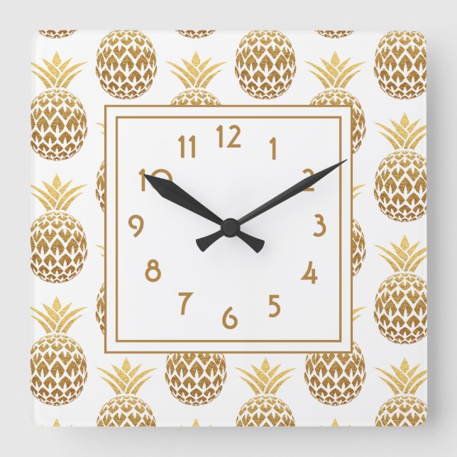 Stilvolle Gold PIneapples White Quadratische Wanduhr (Vorderseite)