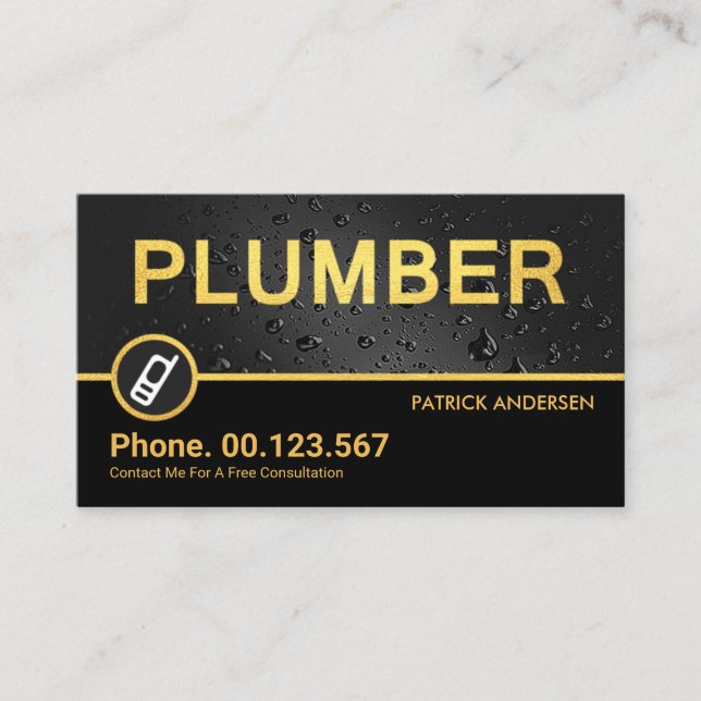 Stilvolle Gold Plumber Signage Wassertropfen Leaka Visitenkarte (Vorderseite)