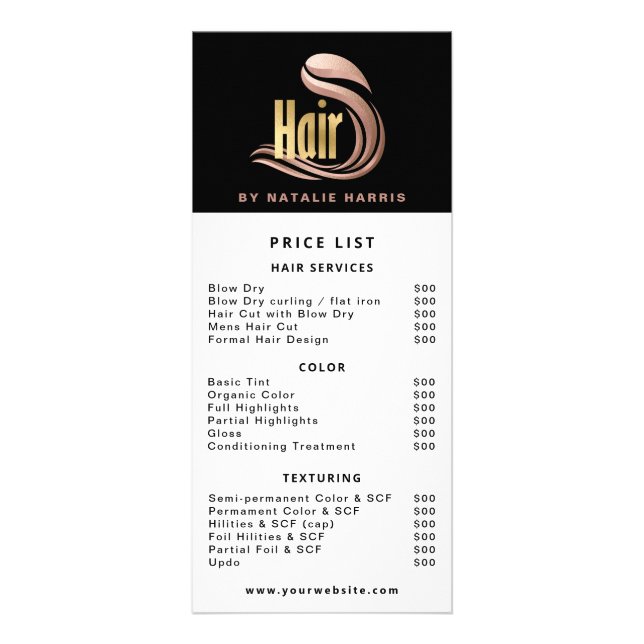 Stilvolle Gold-, Rose Gold- und Black Hair-Preisli Werbekarte (Vorne)