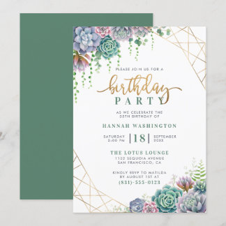 Stilvolle Gold Script & Succulents Geburtstagspart Einladung