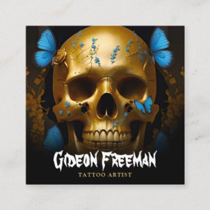 Stilvolle Gold Skull Butterflies Tattoo Artist Quadratische Visitenkarte