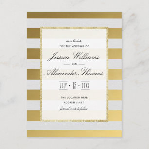 Stilvolle Gold- und White Stripes-Hochzeit retten Ankündigungspostkarte