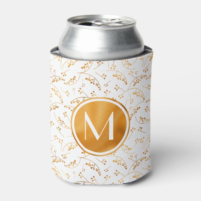 Stilvolle Goldbeeren aus Monogramm auf weißem Dosenkühler (Kanne Vorderseite)