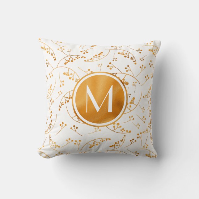 Stilvolle Goldbeeren mit Monogramm auf weißem Must Kissen (Vorderseite)
