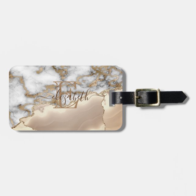 Stilvolle Goldcreme-Marmor-Monogram Gepäckanhänger (Vorderseite horizontal)
