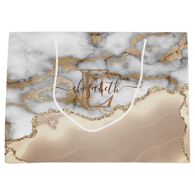 Stilvolle Goldcreme-Marmor-Monogram Große Geschenktüte (Vorderseite)