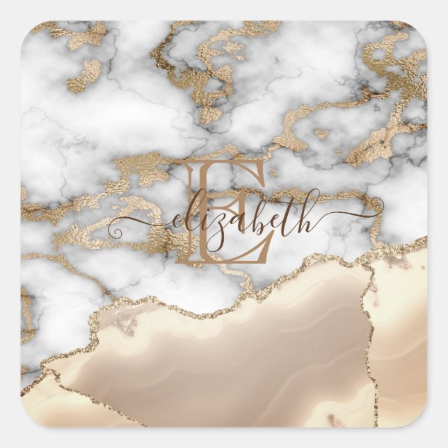 Stilvolle Goldcreme-Marmor-Monogram Quadratischer Aufkleber (Vorderseite)