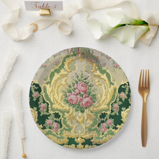 Stilvolle Golden Baroque Rokoko Pink Roses Wedding Pappteller (Hochzeit)