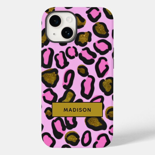 Stilvolle Golden Pink Glitzer Leopard Druckname Case-Mate iPhone 14 Hülle (Rückseite)