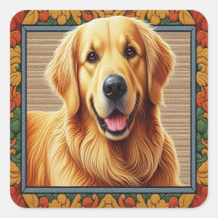 Stilvolle Golden Retriever Hund farbenfrohe Rahmen Quadratischer Aufkleber