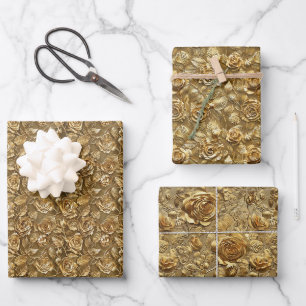 Stilvolle goldene Rose und Leaf-Ziermuster Geschenkpapier Set