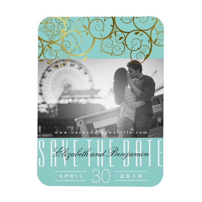 Stilvolle Goldene Spiralen Save the Date Foto Magnet (Vertikal)