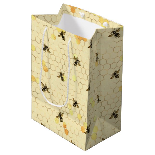 Stilvolle Goldgelbe Bienen Honeycomb Mittlere Geschenktüte (Vorderseite Schrägansicht)
