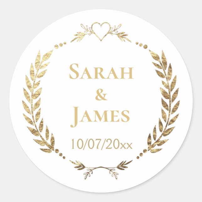 Stilvolle Goldkranz mit Personalisierter Hochzeit Runder Aufkleber (Vorderseite)