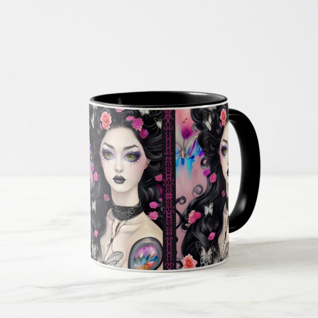 Stilvolle Goth Tattoo Girl Black and Pink Tasse (VorderseiteRechts)