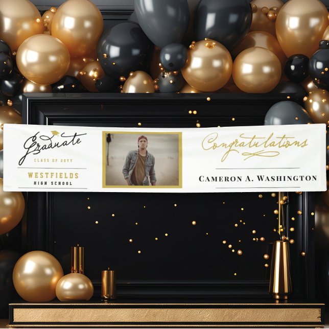 Stilvolle Graduate Script 1 Foto Graduation Party Banner (Simple Stylish Graduate Script 1 Photo Modern Graduation Party Banner @ www.zazzle.com/color_therapy)