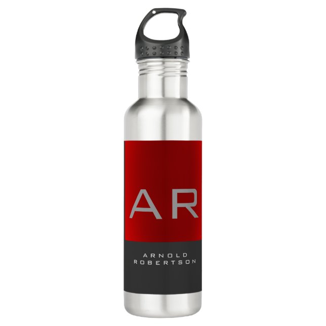 Stilvolle, grau-rote Trendy Monogram-Name Edelstahlflasche (Vorderseite)