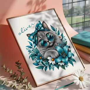 Stilvolle graue Katze Teal-Blumen-Illustration ind Poster