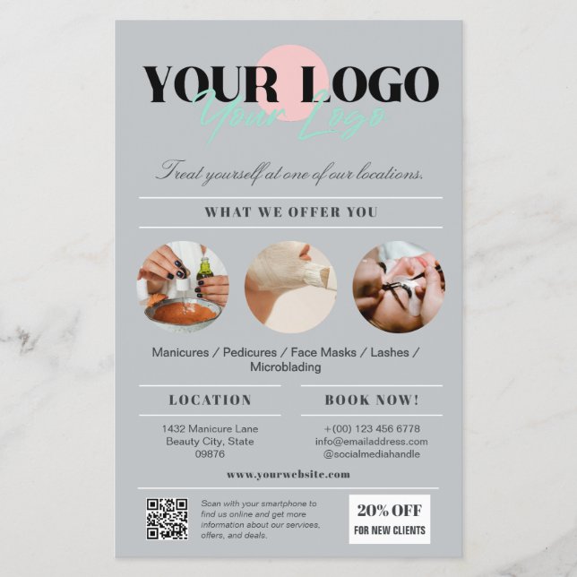 Stilvolle graue Logodienste Schönheitssalon Market Flyer (Vorne)