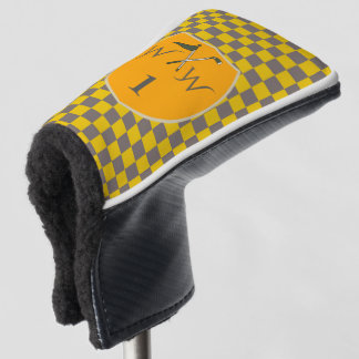 Stilvolle graue und senfgelbe karierte Monogramm Golf Headcover