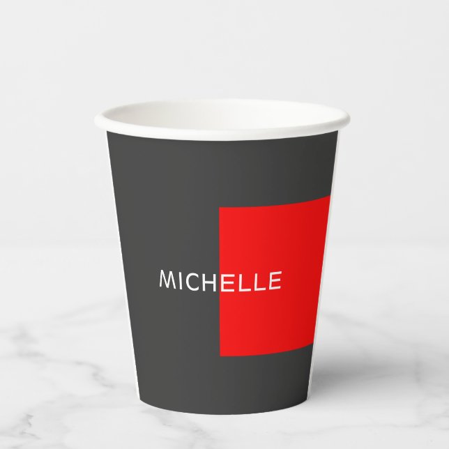 Stilvolle Grauroter Minimalistischer Name Pappbecher (Vorderseite)