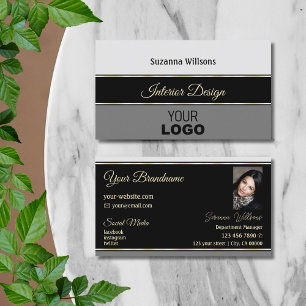 Stilvolle Gray Borders on Black mit Logo und Foto Visitenkarte