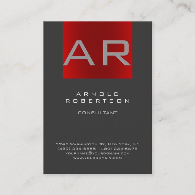 Stilvolle Gray Red Trendy Monogram Business Card Visitenkarte (Vorderseite)