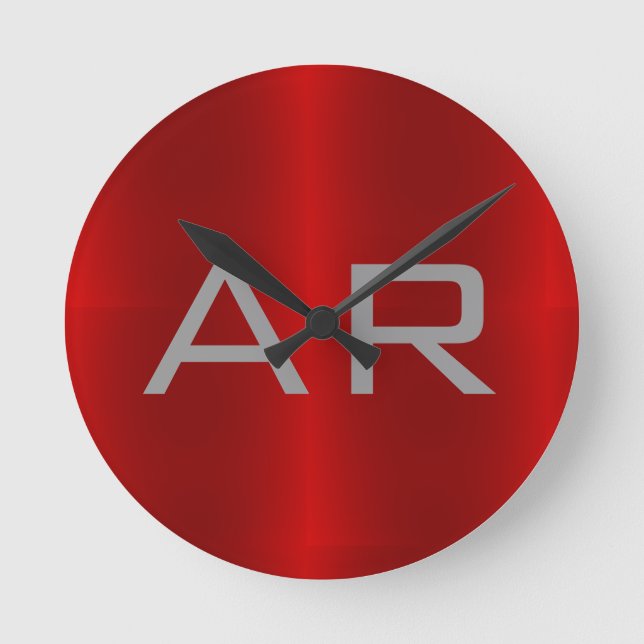 Stilvolle Gray Red Trendy Monogram Runde Wanduhr (Vorderseite)