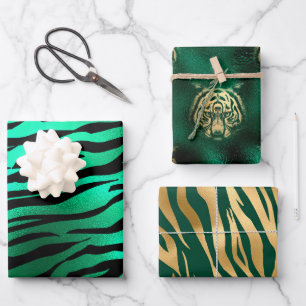 Stilvolle Green & Gold Tiger Gesicht und Streifen Geschenkpapier Set