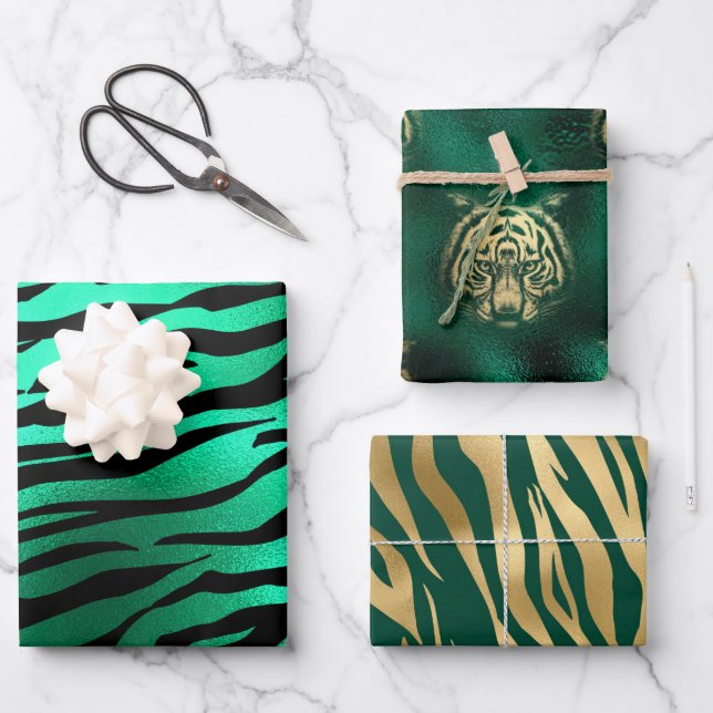 Stilvolle Green & Gold Tiger Gesicht und Streifen  Geschenkpapier Set (Vorderseite)