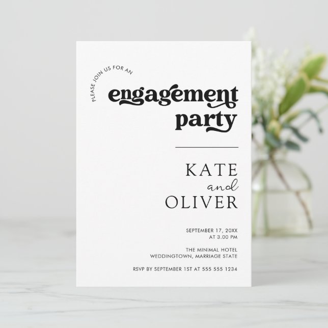 Stilvolle Groovy Retro Schwarz-weiße Engagement Pa Einladung (Stehend Vorderseite)