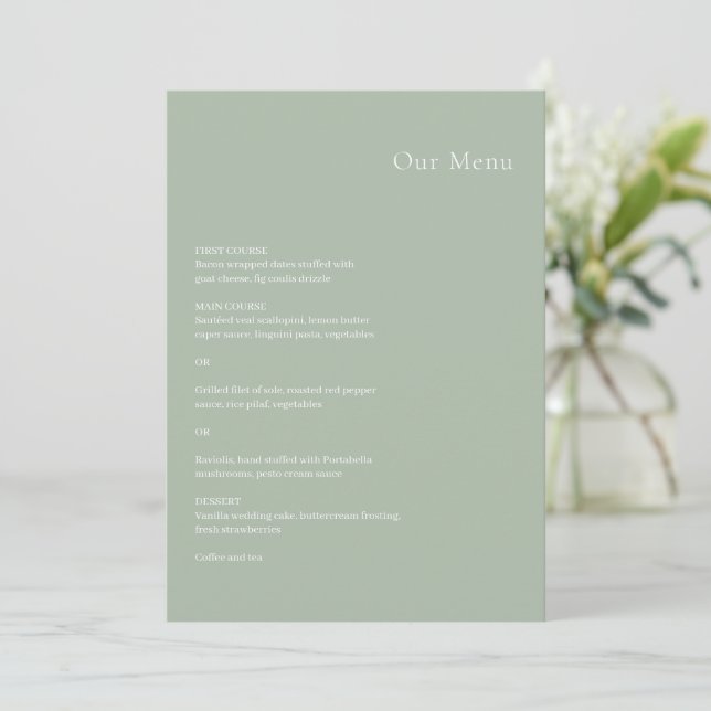 Stilvolle Grün Moderne Hochzeit Menükarte (Stehend Vorderseite)
